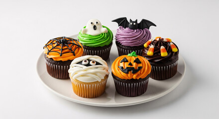 A platter of halloween themed cupcakes with ghost, bat, pumpkin, spiderweb, and mummy decorations