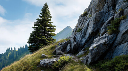 Obraz premium A rugged rocky ridge with alpine pines