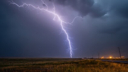 Massive Lightning Bolt Striking Field At Night