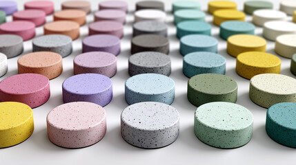 Rows of speckled pastel discs on white background objects