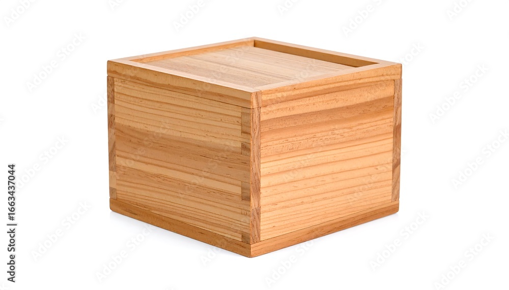 Poster a light beige wooden box with a square shape and a lid is displayed on a plain white background.