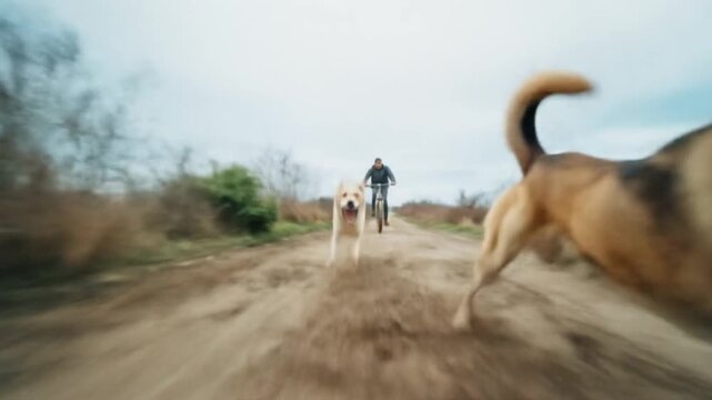 Dogs running and barking at a cyclist on a dirt road