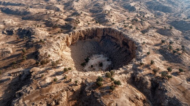 Aerial view of a large, round sinkhole in arid landscape - Powered by Adobe