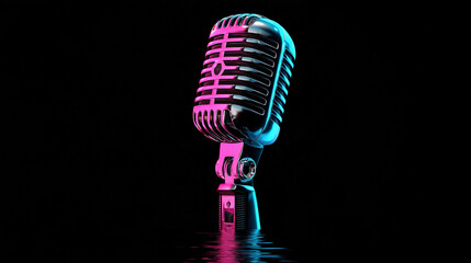 Retro microphone with neon pink and blue lighting vintage
