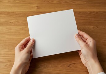 Fototapeta premium Two hands hold a blank white paper sheet above a wooden surface