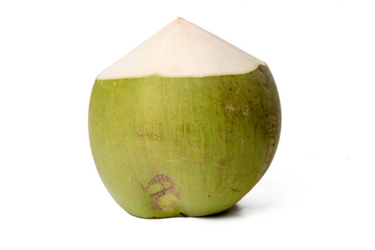 Photo of fresh coconut taken with a high-resolution camera using the focus-stacking technique on a white background.