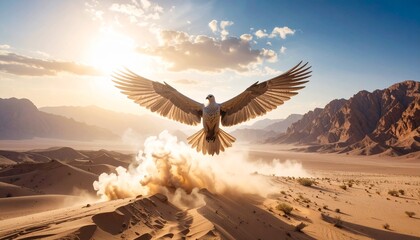 Naklejka premium Dove taking flight over desert landscape at sunrise.