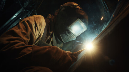 A close-up, high-definition shot of a welder's mask and gloves as they work on a heavy steel beam inside a dimly lit mine, the bright arc of the welding torch creating a sharp contrast against the dar
