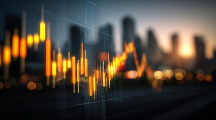 Stock Market Graph Glowing Over Urban Buildings in Evening Scene
