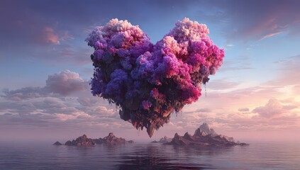Floating Heart Of Pink And Purple Flowers In Cloudy Sky