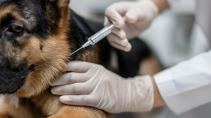 Close up of veterinarian's hands in gloved, using the syringe injection to a dog, dog getting vaccination at vet clinic. Concept of animals treatment