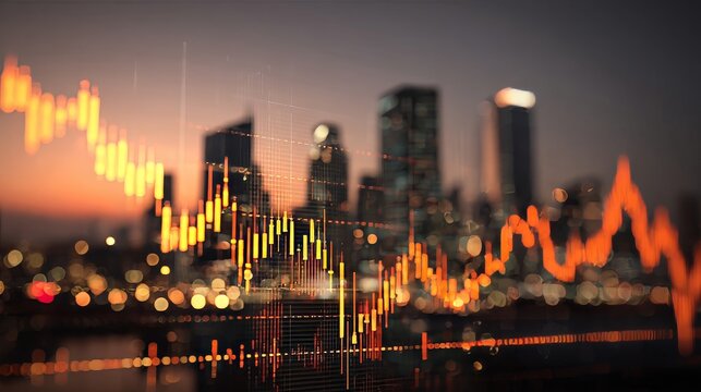 Stock Market Graph Glowing Over Urban Buildings in Evening Scene - Powered by Adobe