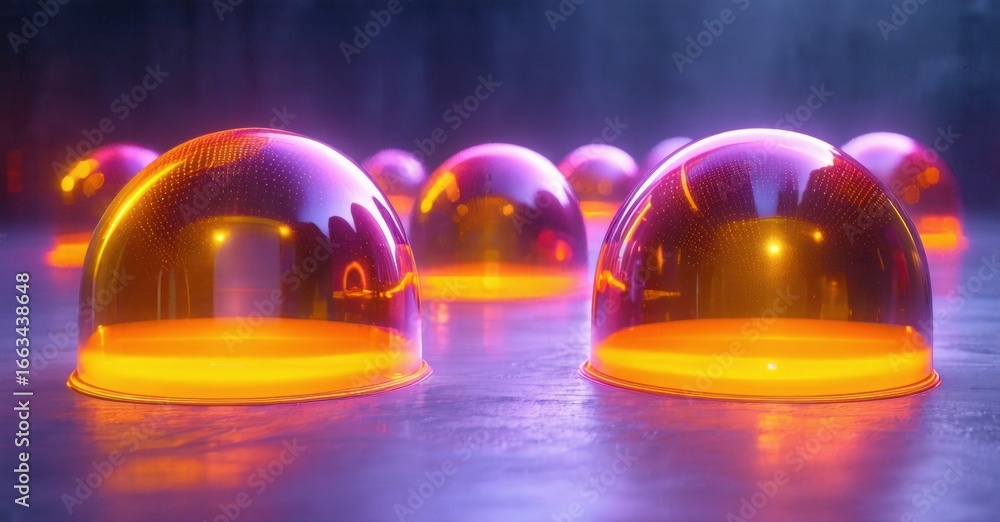 Poster glowing domes illuminate dark surface. reflections create vibrant, futuristic scene. orange light em