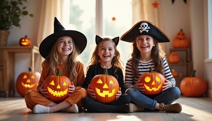 Fototapeta premium Three happy young girls in Halloween costumes, dressed as a witch, cat, and pirate, sitting on the floor with glowing jack-o'-lanterns, celebrating Halloween holiday.