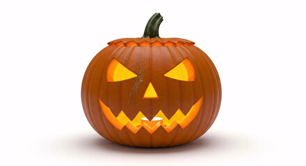 Illuminated jack o lantern with a spooky face on a white background for halloween decoration concept