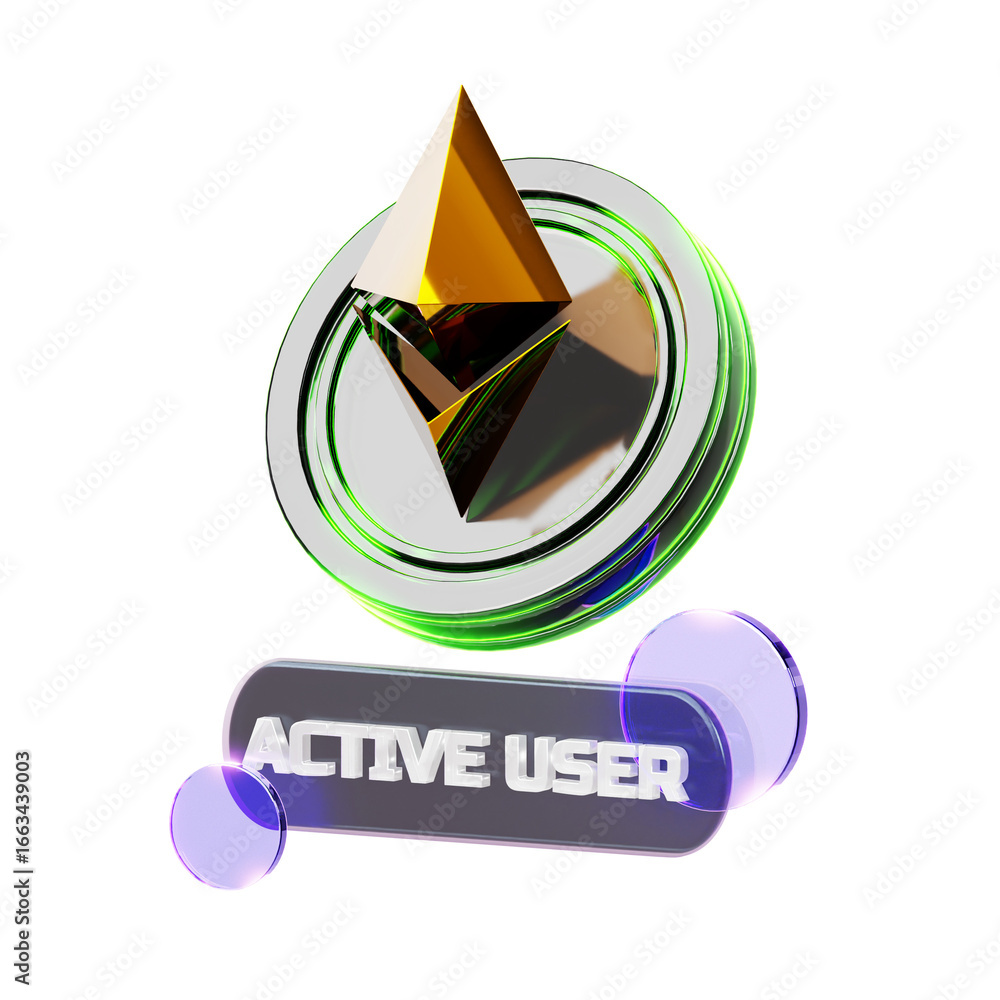 Poster 3d rendered image of a cryptocurrency logo emblem above a glossy 'active user' badge with floating t