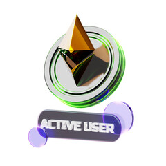 3D rendered image of a cryptocurrency logo emblem above a glossy 'ACTIVE USER' badge with floating...