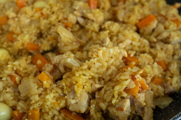 A close-up of finished Plov, showing the fluffy golden rice grains, tender chunks of chicken, and soft orange carrots. This detailed shot captures the final dish, ready to be served, making it ideal f