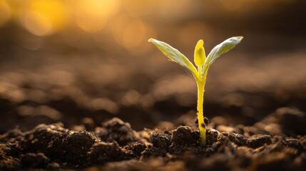 Fototapeta premium A young plant emerges from dark soil, bathed in warm sunlight,