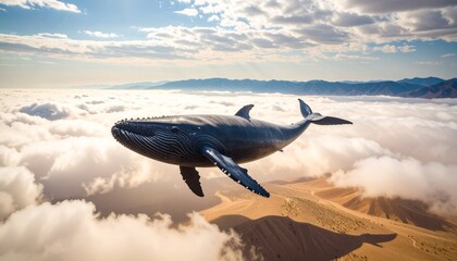 A whale soars through the clouds above a desert landscape.
