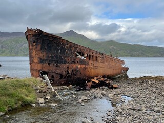 Abandoned Rusty Shipwreck on Icelandic Coastline