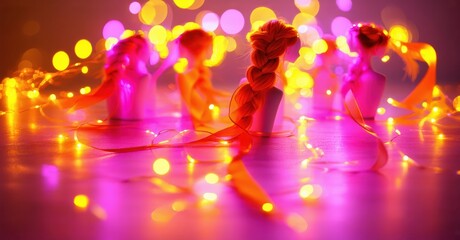 Mannequins surrounded by vibrant lights. Warm tones dominate scene, creating festive mood. Focus on hair detail, reflections present.