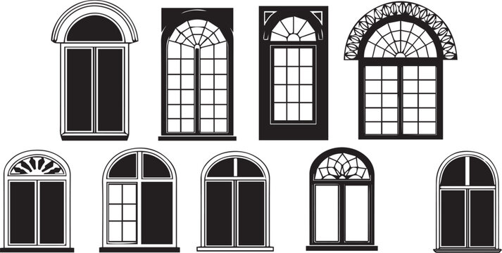 Collection of ten black silhouette architectural arched windows with various pane designs vector illustration