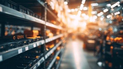 Illuminated shelves with black plastic storage bins in an industrial warehouse aisle,
