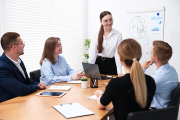 Business coach giving presentation to group of people in office