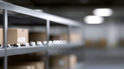 A storage room with shelves holding cardboard boxes, shallow focus on textured shelves, overhead bokeh lights,