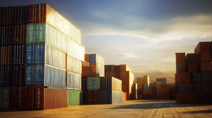 Fototapeta premium A large storage facility with organized rows of colorful shipping containers in red, blue, green, and brown,