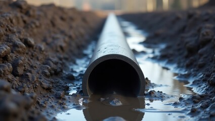 Drainage pipe installed in a trench with muddy water