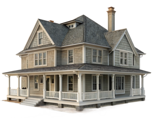 Beautiful Two Story House with Wrap Around Porch and Grey Cedar Shingle Siding Providing Cozy Living Spaces Perfect for a Family Home