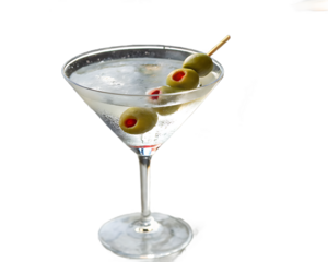 Classic Martini Cocktail with Green Olives on Skewer Isolated on Black Background for Upscale Bar and Restaurant Promotion