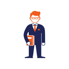 Vector cartoon illustration of a happy smiling person in a suit standing with a tie and a book, symbolizing a teacher