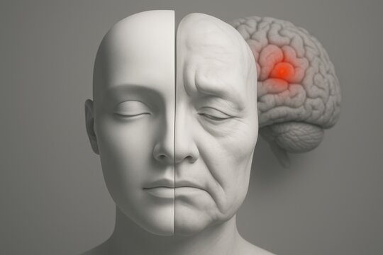 Conceptual 3D render of white human mask split vertically. Left side smooth and symmetrical, right side sagging to symbolize facial paralysis from stroke. brain shows red spot highlighting stroke.