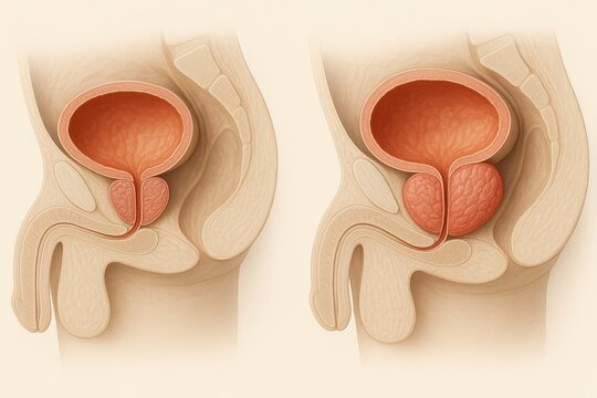 Comparative 3D render of male pelvis sagittal view. Left shows normal prostate beneath bladder with open urethra. Right shows enlarged prostate compressing urethra, and enlarged bladder.