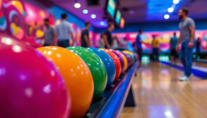 Bowling alley interior with colorful balls on glossy rack and playful players