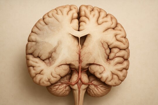 3D anatomical cutaway render of human brain in coronal section. Left hemisphere shows pale wedge-shaped ischemic zone with faintly collapsed vessels, detailed medical illustration of stroke.