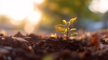 A small green plant sprouts from dark soil bathed in soft golden sunlight, symbolizing growth, renewal,