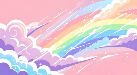 Dreamy pastel rainbow and clouds with sparkling rain