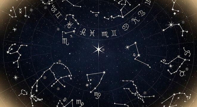 Discover your destiny with this stunning celestial map featuring intricate zodiac constellations and astrological symbols against a deep cosmic backdrop