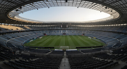 Empty stadium with a large, modern, open-air roof, seen from above.