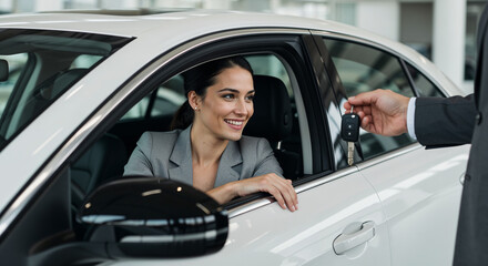 Naklejka premium Salesperson handing car keys to woman in white new vehicle