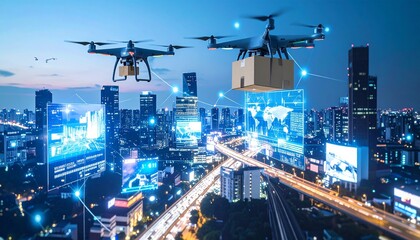 Drones delivering packages over a futuristic city at night.