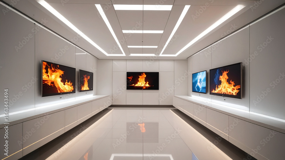 Poster a minimalist, brightly lit showroom with white walls and reflective flooring features several large 