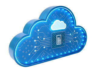Blue Cloud Computing Concept with Circuit Board Design and Smaller Cloud Icon on Black Background Represents Data Storage