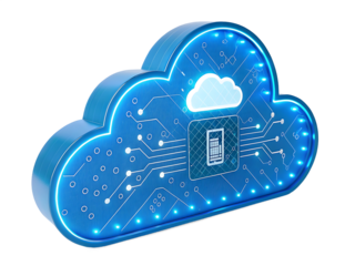 Blue Cloud Computing Concept with Circuit Board Design and Smaller Cloud Icon on Black Background Represents Data Storage