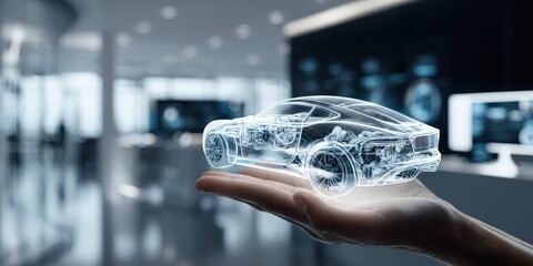 The futuristic car model showcased in a hand using holographic technology.