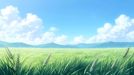 Wide green grassland under bright blue sky with fluffy clouds creating peaceful landscape